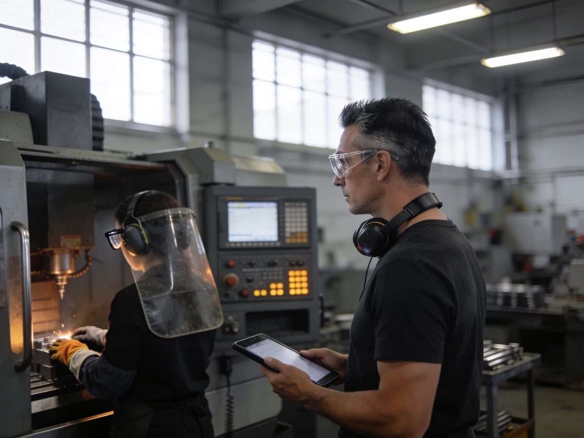 Addetto al servizio di prevenzione e protezione che verifica i rischi in un reparto di produzione