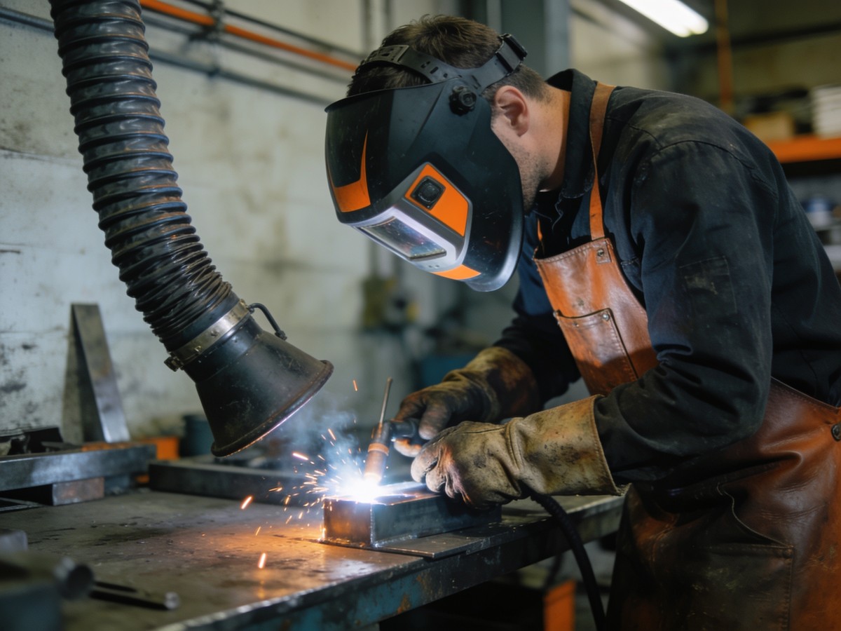 Saldatura in officina con maschera e aspirazione localizzata dei fumi