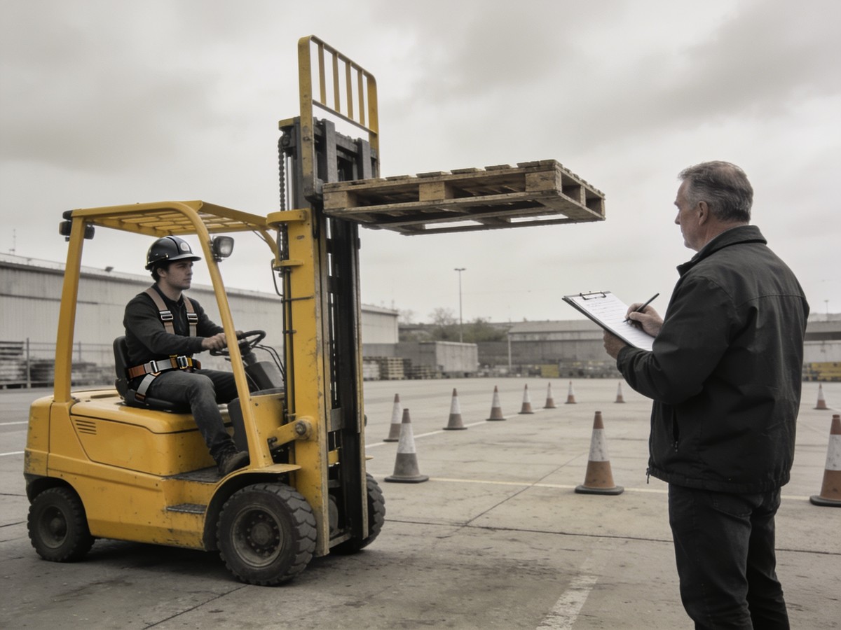 Prova pratica per l'abilitazione all'uso del carrello elevatore, con istruttore a bordo campo