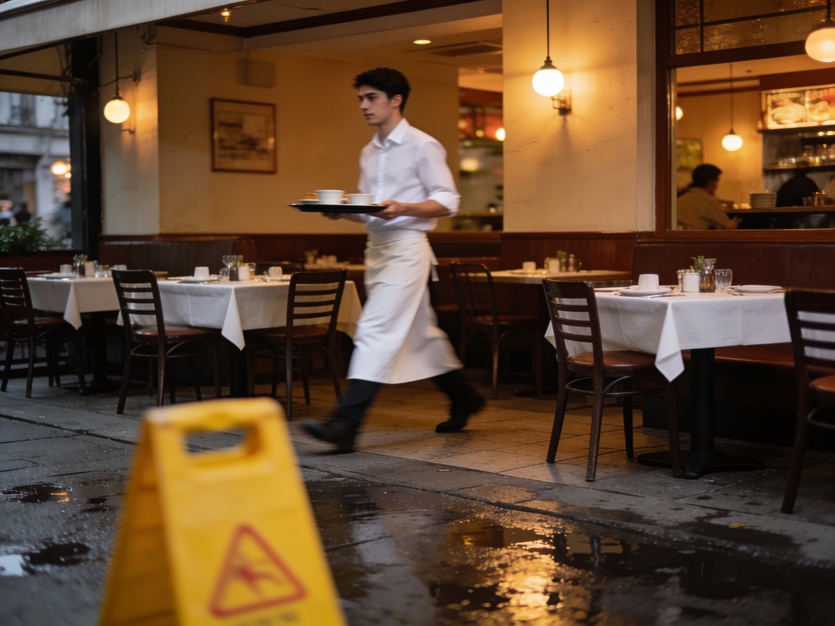 Sala di un ristorante durante il servizio, con attenzione ai percorsi e ai pavimenti